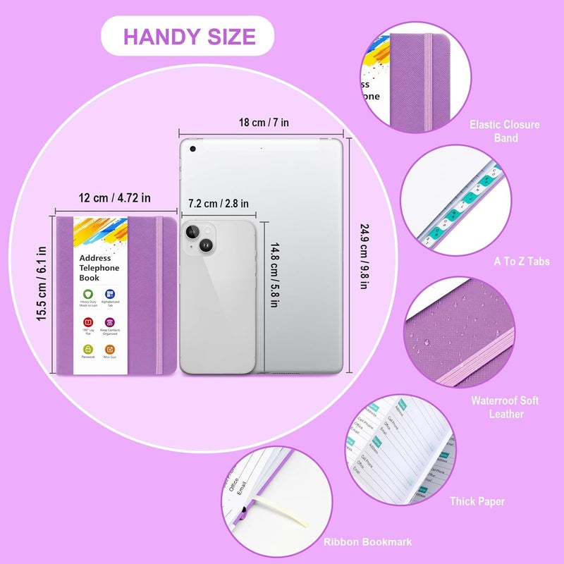 BLESWIN Address Book with Alphabetical Tabs, Hardcover Address Book for Record Contacts, Small Address Book to Store All Your Important Informations in One Place, 6.1x4.7" – Purple - Image 2